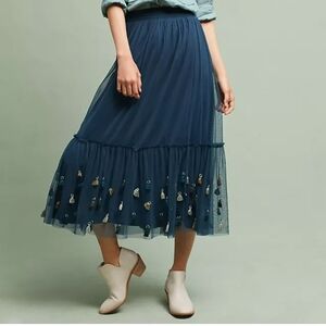 Anthropologie Turquiose  Embellished Tasseled Midi Skirt